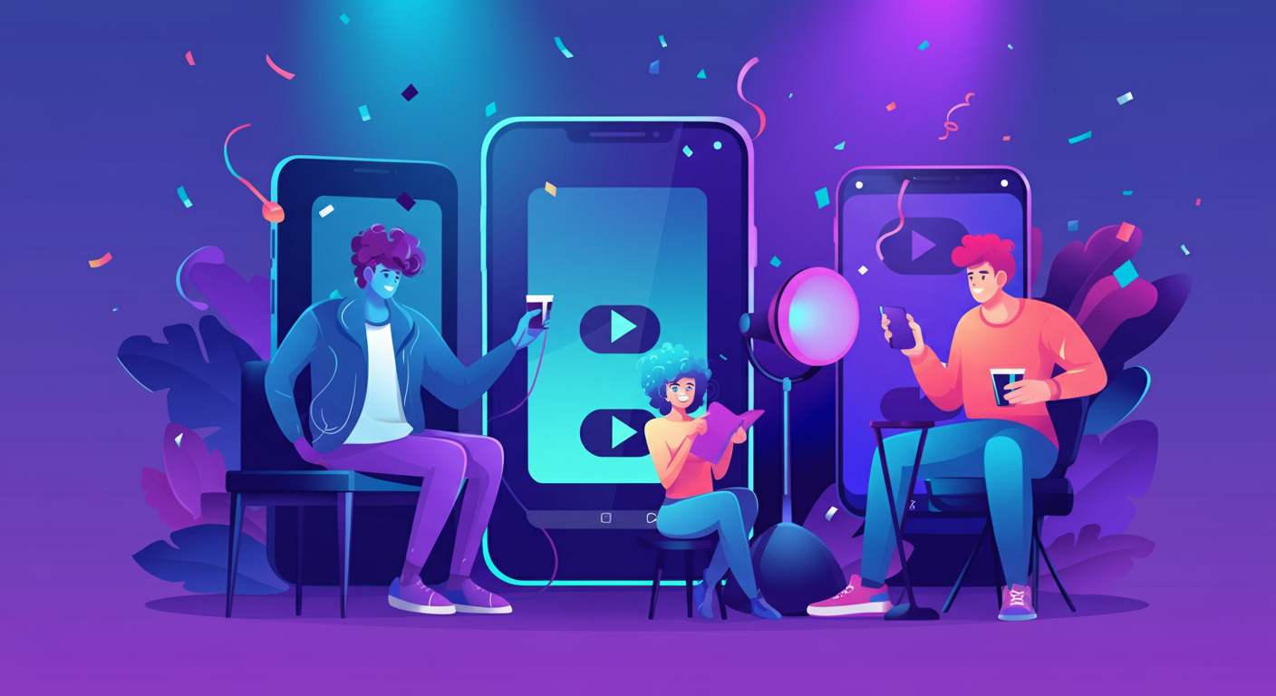Groupe d'amis jouant à un jeu de cartes quiz musical viral TikTok lors d'une soirée avec des cartes QR et des écrans de smartphone lumineux